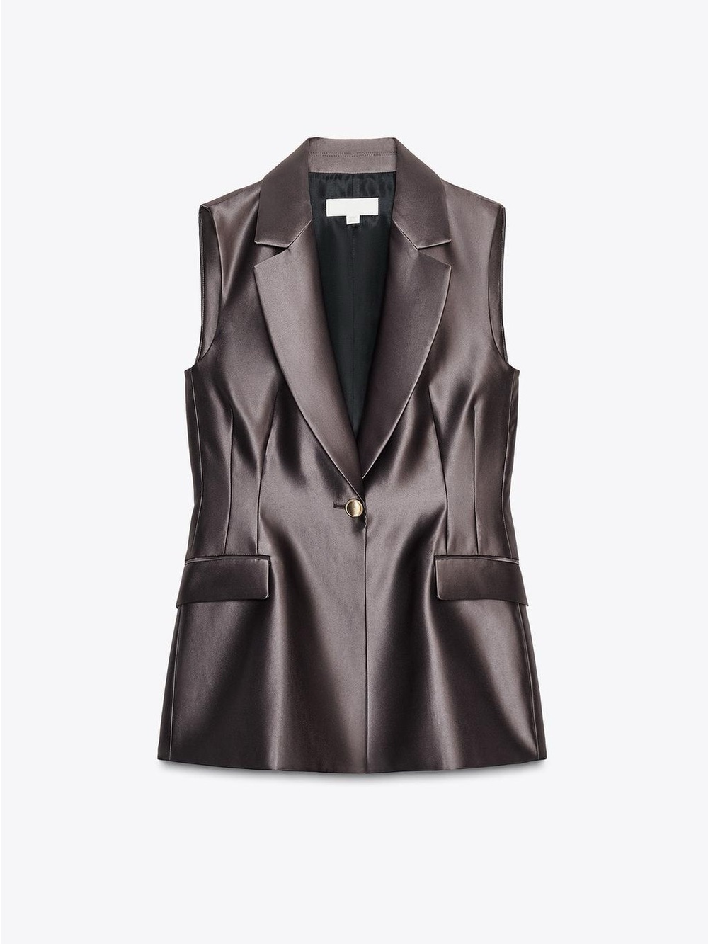 Zara Long Line One Button Tailored Chocolate Brown Shine Structured Vest NEW